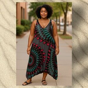 Lily Asymmetrical Dress in Gray, Pink, and Green